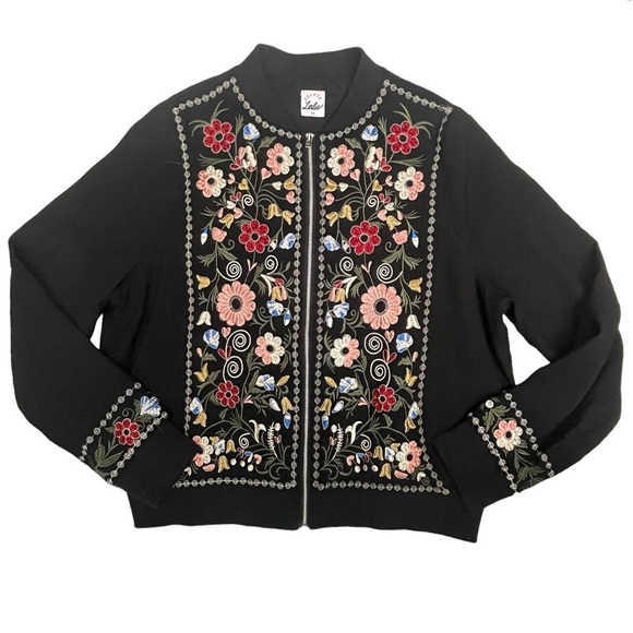 Selfie Leslie Cardigan Womens Medium Black Embroidered Sweater Bohemian Full Zip - Picture 1 of 8